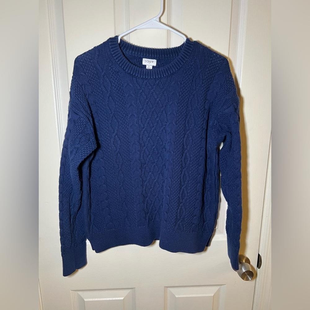 J.Crew Blue Cable Knit Crewneck Sweater Size L  100% Cotton